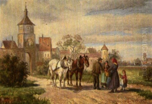 Bauern Mit Zwei Pferden Vor Dem Stadttor Oil Painting by Ludwig Mueller-Cornelius