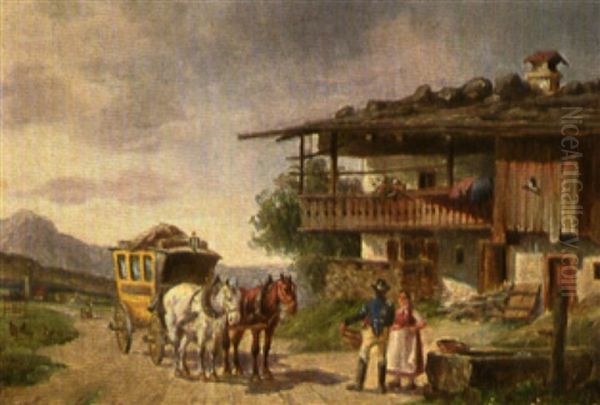 Halt Der Postkutsche Vor Dem Bauernhaus Oil Painting by Ludwig Mueller-Cornelius