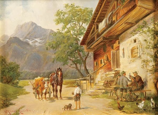 Alpine Tavern Oil Painting by Ludwig Mueller-Cornelius