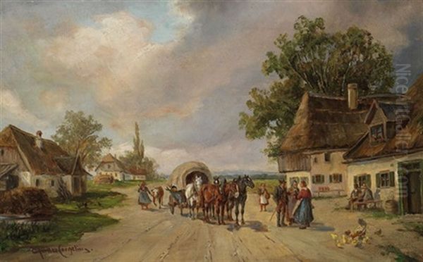 Pferdefuhrwerk Vor Bauernhausern Oil Painting by Ludwig Mueller-Cornelius