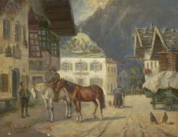 Vor Dem Gasthaus Unterhalten Sich Der Wirt Und Ein Bauer Mit Pferden Oil Painting by Ludwig Mueller-Cornelius