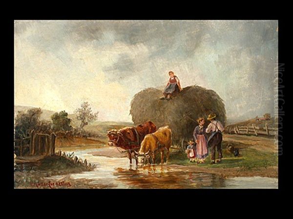 Die Einbringung Der Ernte, Ein Beladener Heuwagen Oil Painting by Ludwig Mueller-Cornelius