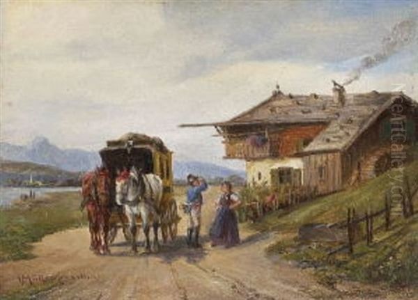 Halt Der Postkutsche Vor Dem Bauernhaus Oil Painting by Ludwig Mueller-Cornelius