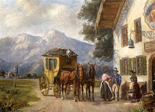 Halt Der Postkutsche Vor Dem Gasthaus by Ludwig Mueller-Cornelius