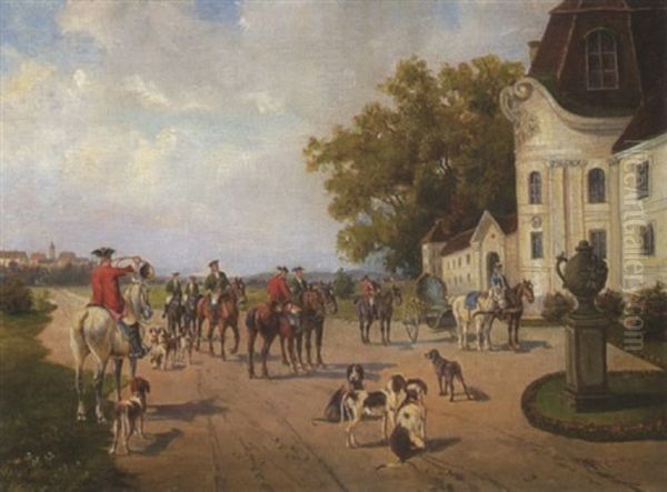 Jagdgesellschaft Mit Hunden Vor Einem Rokoko-schlosschen Oil Painting by Ludwig Mueller-Cornelius