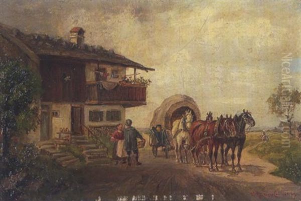 Vierspanniger Planwagen Vor Einem Bauernhaus Oil Painting by Ludwig Mueller-Cornelius