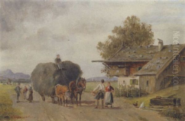 Heuwagen Am Bauernhof Oil Painting by Ludwig Mueller-Cornelius