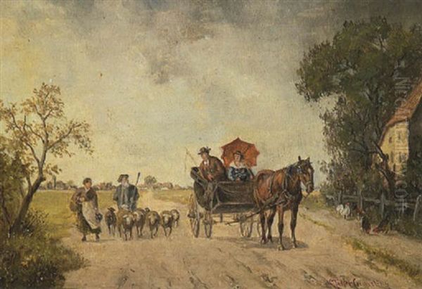 Begegnung Auf Der Landstrase: Ein Schafer Mit Seiner Herde, Eine Marktfrau Und Ein Bauernpaar In Der Kutsche Im Gesprach Oil Painting by Ludwig Mueller-Cornelius