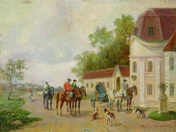 Vor Einem Kavaliershaus Von Schloss Nymphenburg Warten Reiter Und Kutsche Oil Painting by Ludwig Mueller-Cornelius