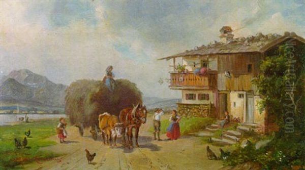 Heufuhrwerk Vor Dem Bauernhaus An Einem Oberbayerischen See Oil Painting by Ludwig Mueller-Cornelius