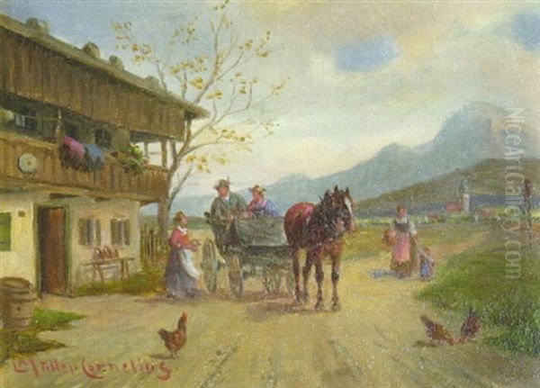 Halt Einer Pferdekutsche Vor Dem Bauernhaus Oil Painting by Ludwig Mueller-Cornelius