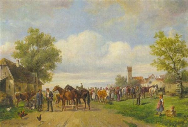 Viehmarkt Vor Einem Dorf (im Dachauer Land?) Oil Painting by Ludwig Mueller-Cornelius