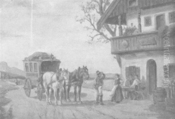 Halt Der Postkutsche Vor Einem Bayrischen Bauernhaus Oil Painting by Ludwig Mueller-Cornelius