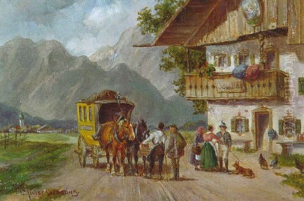 Halt Der Postkutsche Vor Dem Oberbayerischen Bauernhaus Oil Painting by Ludwig Mueller-Cornelius