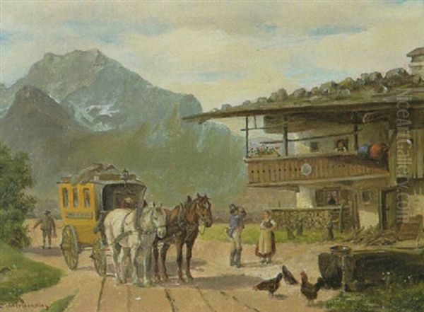 Halt Der Postkutsche Vor Einem Oberbayerischen Bauernhaus Oil Painting by Ludwig Mueller-Cornelius