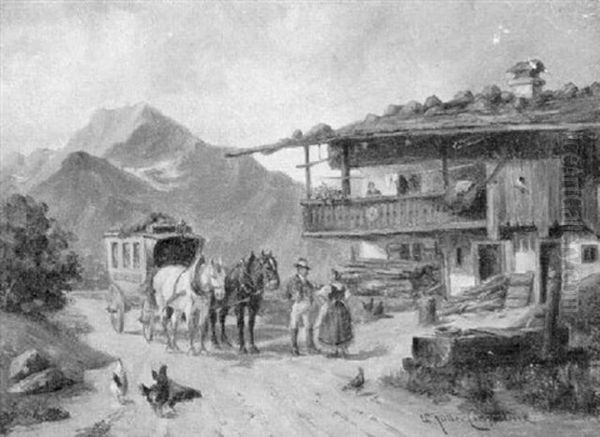 Postkutsche Vor Einem Bauernhaus In Den Alpen Oil Painting by Ludwig Mueller-Cornelius