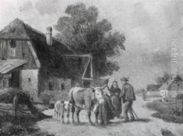 Bauerinnen, Bauer Und Vieh Auf Der Dorfstrase Oil Painting by Ludwig Mueller-Cornelius