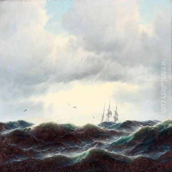 Seascape With A Sailing Ship In Rough Sea Oil Painting by Carl Ludwig Bille