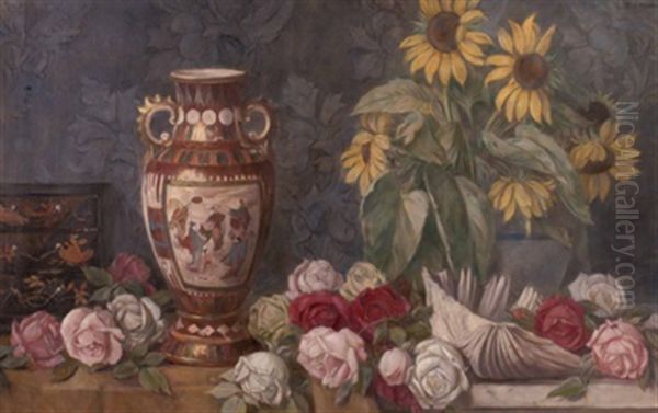 Stillleben Mit Blumen,vase, Schmuckkastchen Und Muschel by Victor Mueller-Garanta