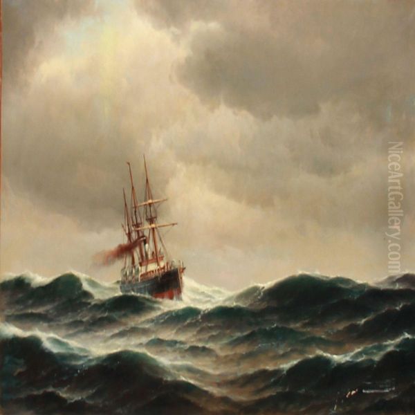 A Passenger Steamer In High Waves Oil Painting by Carl Ludwig Bille