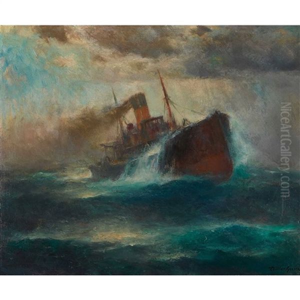 Dampfschiff Auf Sturmischer See Oil Painting by Franz Mueller-Gossen