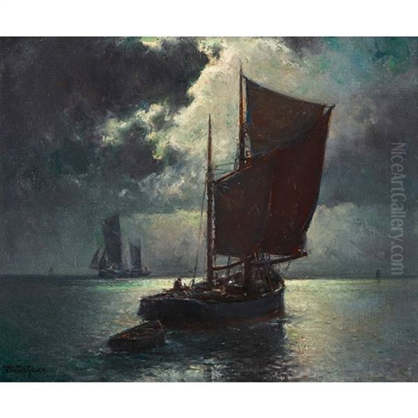 Fischerboote Im Mondlicht Oil Painting by Franz Mueller-Gossen