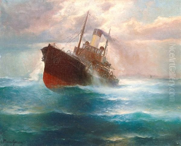 Ship In Turbulent Sea Oil Painting by Franz Mueller-Gossen