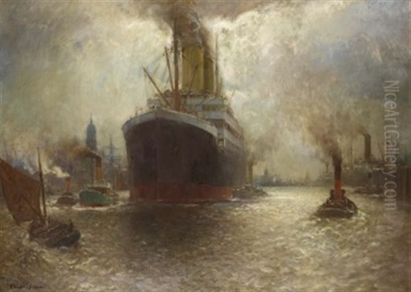 Hamburger Hafen Mit Auslaufendem Dampfer Oil Painting by Franz Mueller-Gossen