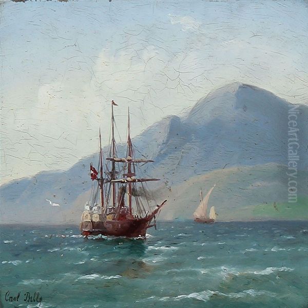 Marine With A Danish Screw Frigate Near A Coast Oil Painting by Carl Ludwig Bille