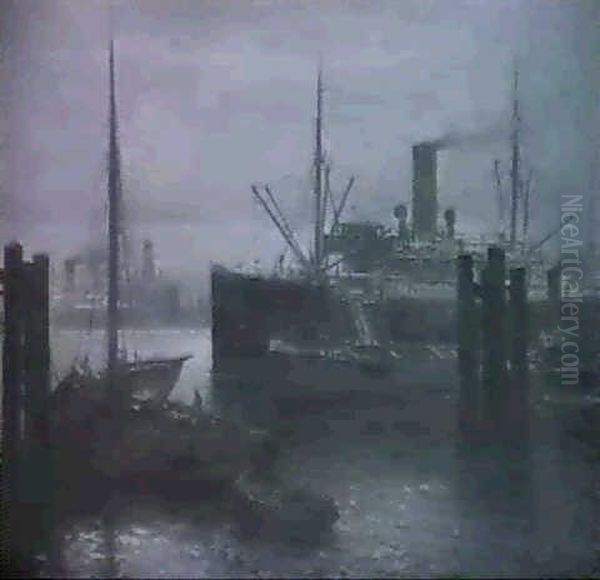 Schiffe Im Hamburger Hafen Oil Painting by Franz Mueller-Gossen