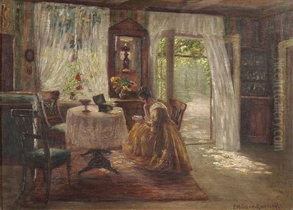 Biedermeierliches Saloninterieur Mit Einer Lesenden Dame Oil Painting by Elsa Mueller-Kaempf