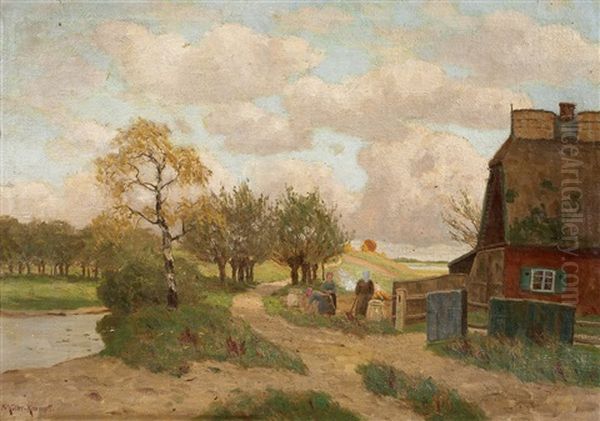 A North German Landscape With Farm House by Paul Mueller-Kaempff