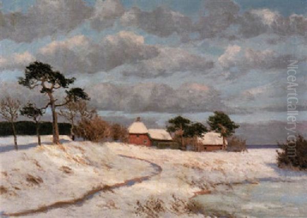 Verschneites Gehoft Am Bodden Bei Ahrenshoop Oil Painting by Paul Mueller-Kaempff