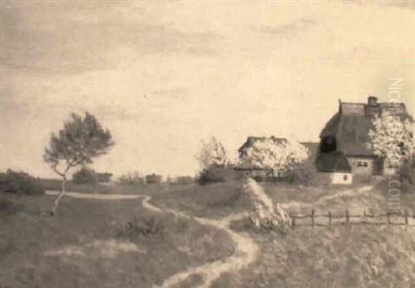 Fruhlingslandschaft Mit Bauernhausern Und Bluhenden Obstbaumen Bei Ahrenshoop Oil Painting by Paul Mueller-Kaempff