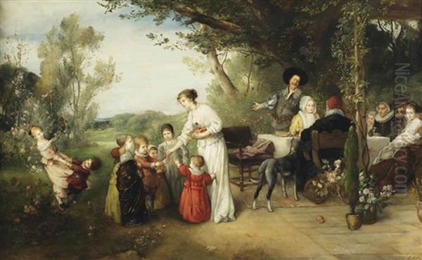 Afternoon Picknick With Three Generations Oil Painting by Gustav Adolf Mueller-Koburg