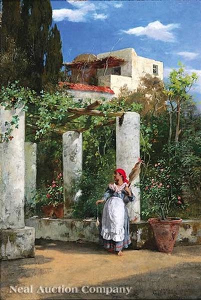 Spinner Under A South Italian Portico Oil Painting by Gustav Adolf Mueller-Koburg