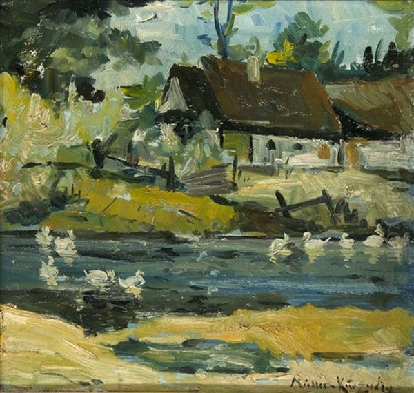 Sommerliche Szene Mit Teich Und Gehoft Oil Painting by Konrad Alexander Mueller-Kurzwelly