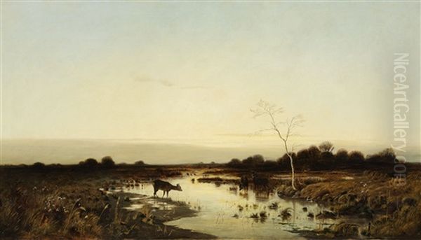 An Evening Panorama With Deer Oil Painting by Konrad Alexander Mueller-Kurzwelly