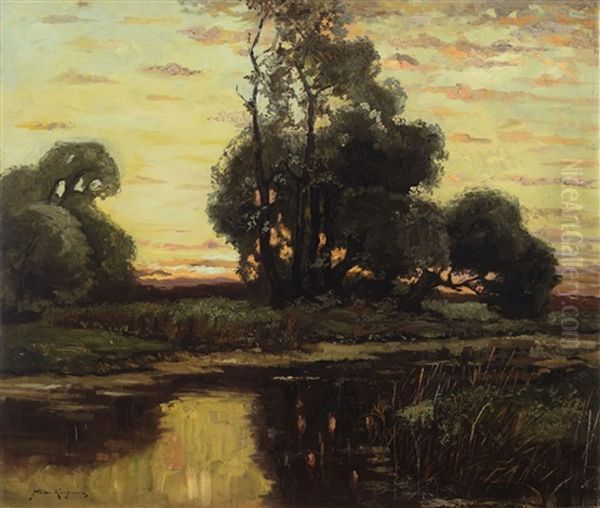 A Watery Landscape In Mark Brandenburg At Dusk Oil Painting by Konrad Alexander Mueller-Kurzwelly