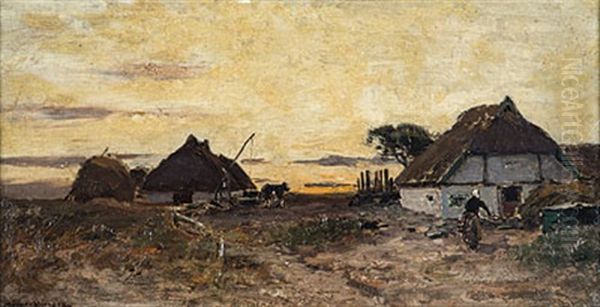 Bauernhauser Am Abendlichen Bodden Oil Painting by Konrad Alexander Mueller-Kurzwelly