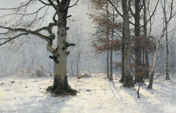 Winterliche Waldlichtung Mit Einem Reh by Konrad Alexander Mueller-Kurzwelly