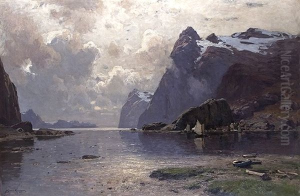 Stornas (fjord In The Sunset Light) Oil Painting by Konrad Alexander Mueller-Kurzwelly