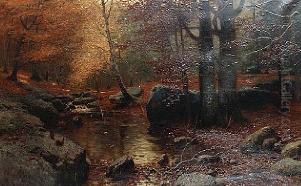 A Woodland Stream Oil Painting by Konrad Alexander Mueller-Kurzwelly