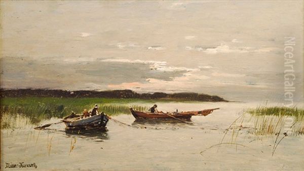 Boote Am See Oil Painting by Konrad Alexander Mueller-Kurzwelly