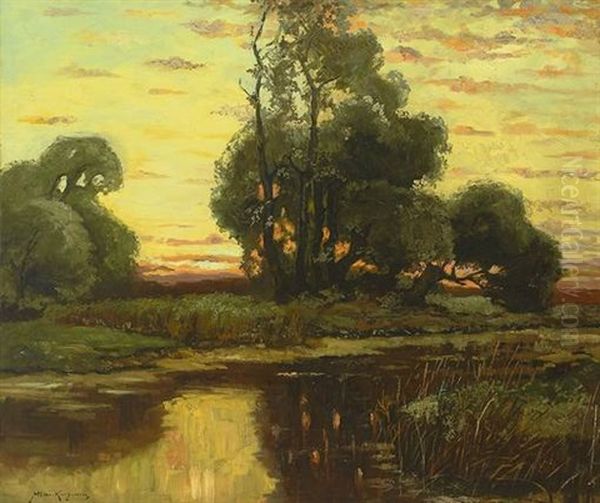 Abendliche Teichlandschaft Um Berlin Oil Painting by Konrad Alexander Mueller-Kurzwelly