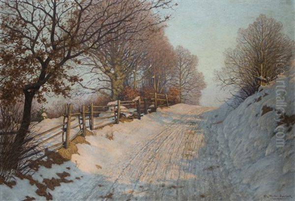 Winter Sun On The Snowy Lane Oil Painting by Fritz Mueller-Landeck