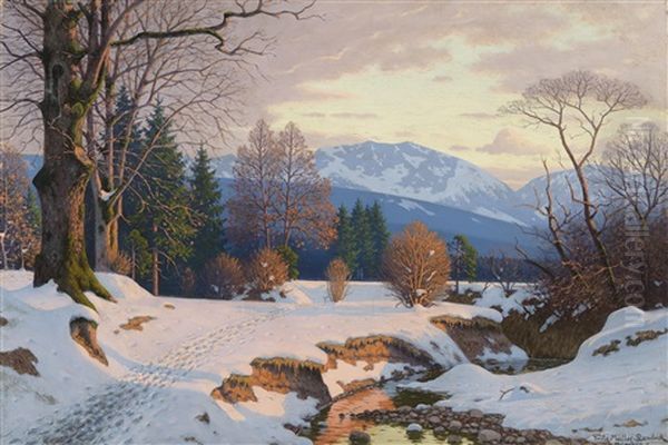 Open Winter Landscape In The Evening Light Oil Painting by Fritz Mueller-Landeck