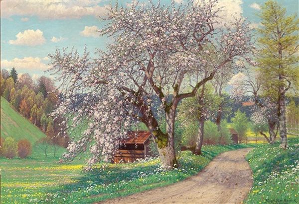 May Morning Im Chiemgau Oil Painting by Fritz Mueller-Landeck