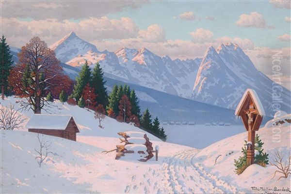 Winterlandschaft,  Garmisch-partenkirchen Mit Der Alpspitze Und Der Zugspitze Oil Painting by Fritz Mueller-Landeck