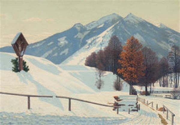 Winterlandschaft Mit Wegkreuz Oil Painting by Fritz Mueller-Landeck